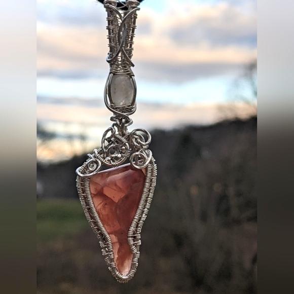 Sterling Silver Moonstone And Strawberry Rhodochrosite Pendant Necklace Handmade - Picture 14 of 17